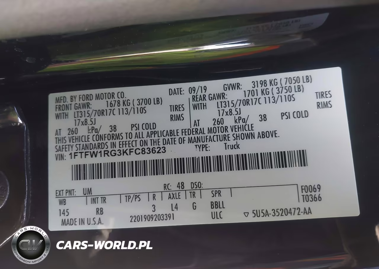 2019 Ford F-150 Raptor VIN:1FTFW1RG3KFC83623 - 9