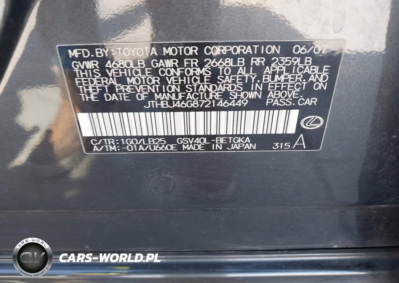 2007 Lexus Es 350 VIN:JTHBJ46G872146449 - 9