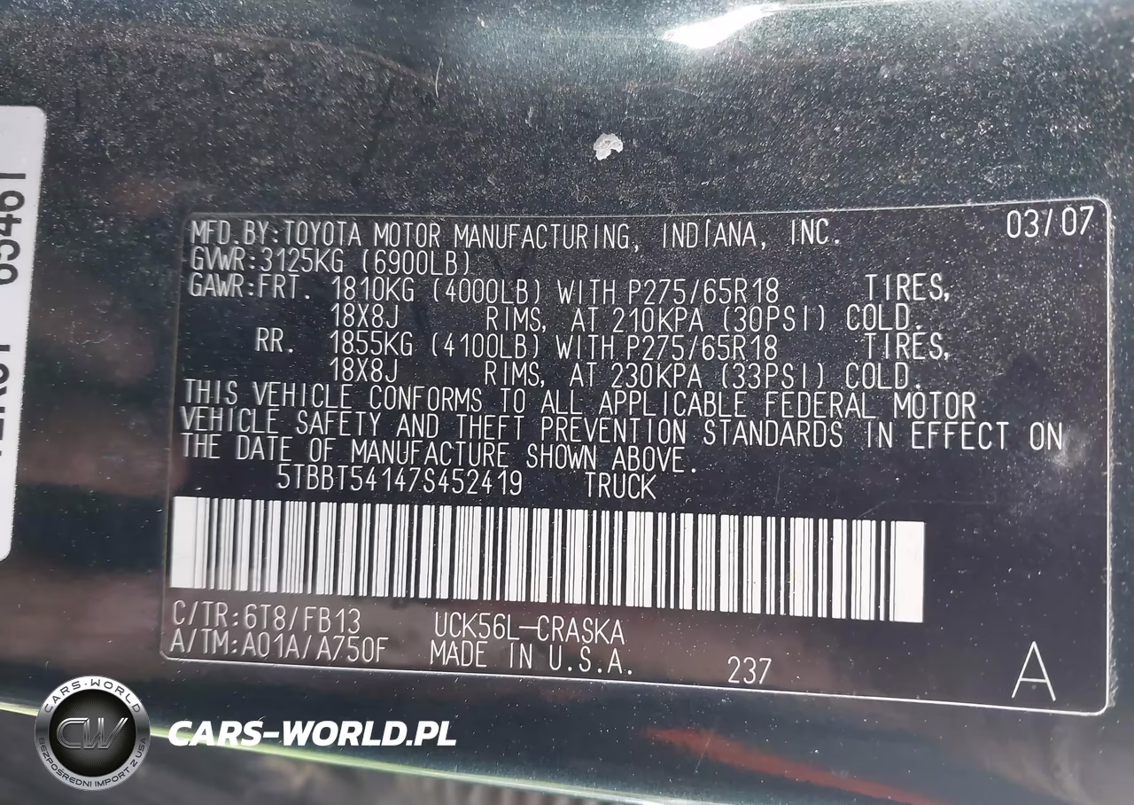 2007 Toyota Tundra Sr5 4.7L V8 VIN:5TBBT54147S452419 - 9