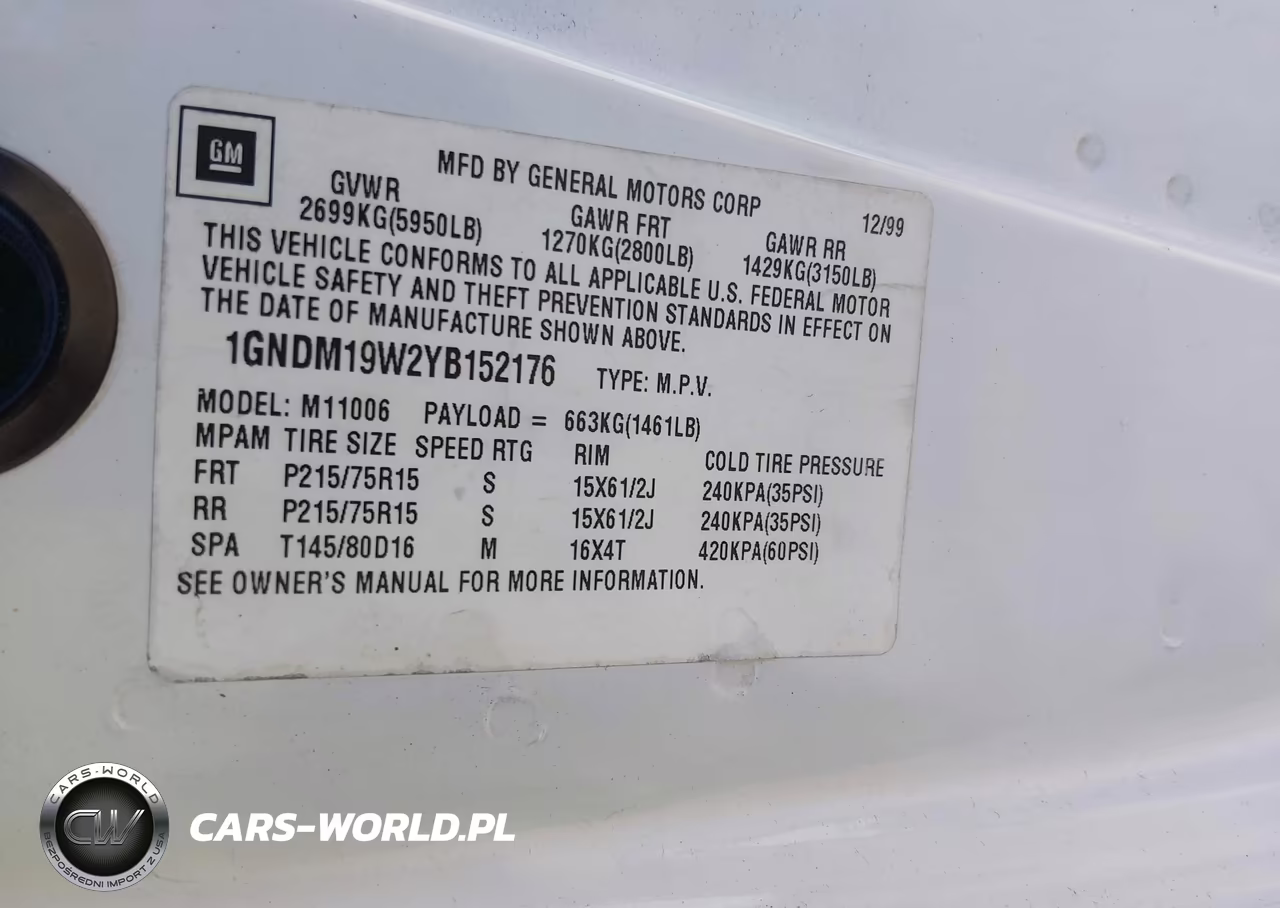 2000 Chevrolet Astro VIN:1GNDM19W2YB152176 - 9