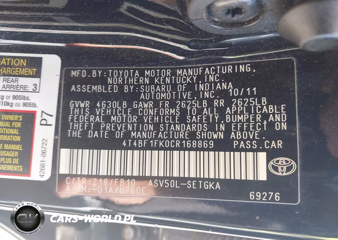 2012 Toyota Camry Xle VIN:4T4BF1FK0CR168869 - 9