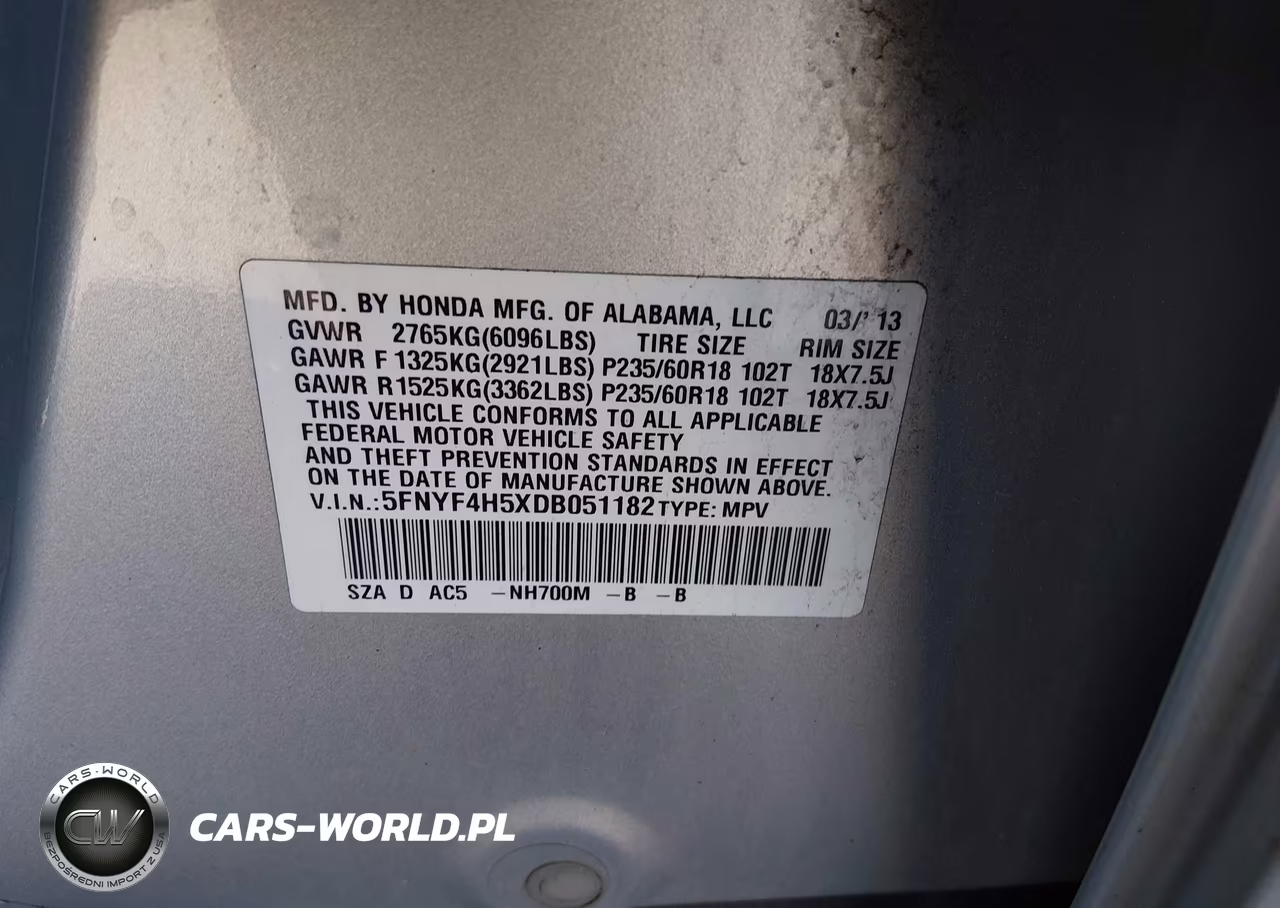 2013 Honda Pilot Ex-L VIN:5FNYF4H5XDB051182 - 9