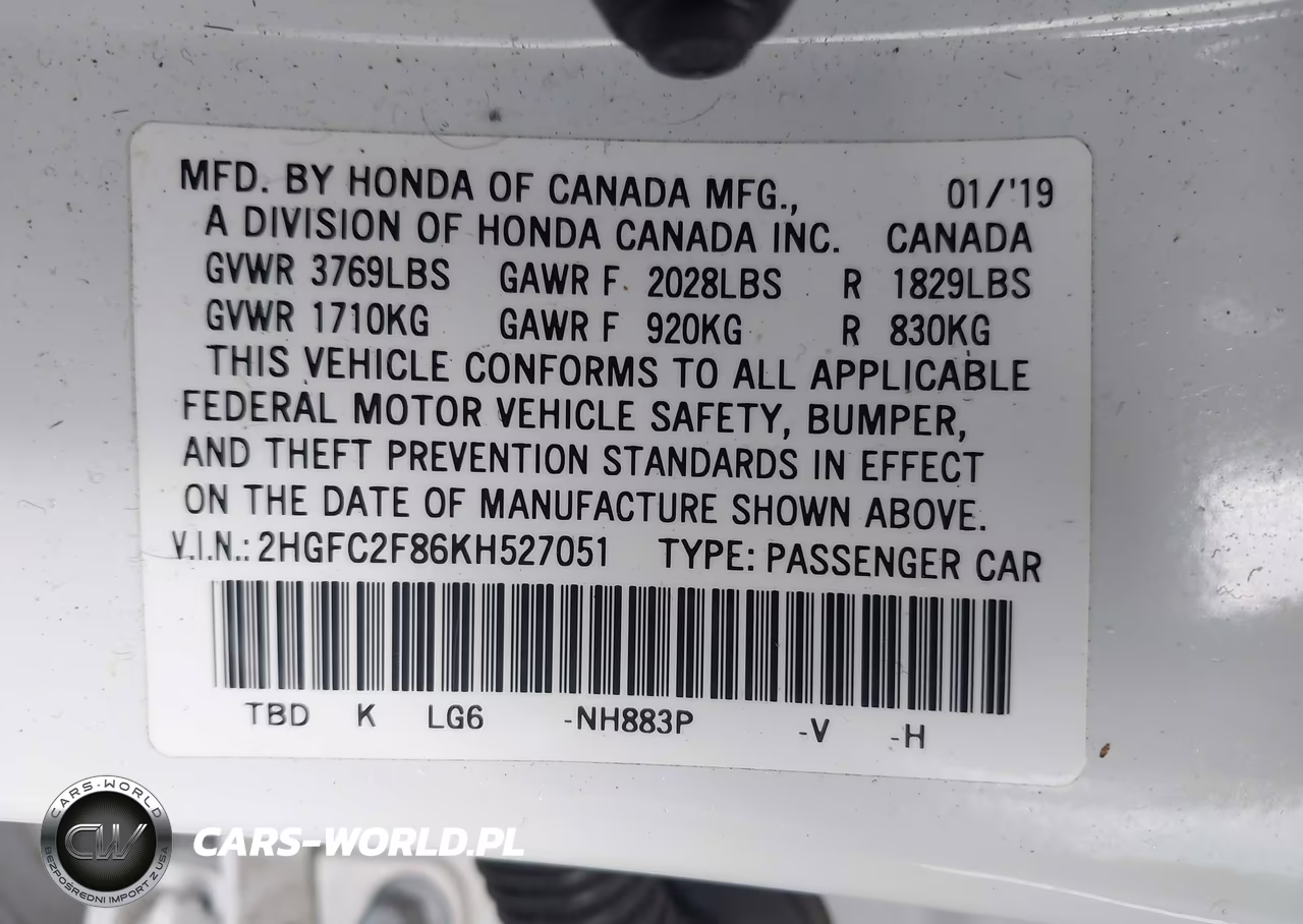 2019 Honda Civic Sport VIN:2HGFC2F86KH527051 - 9