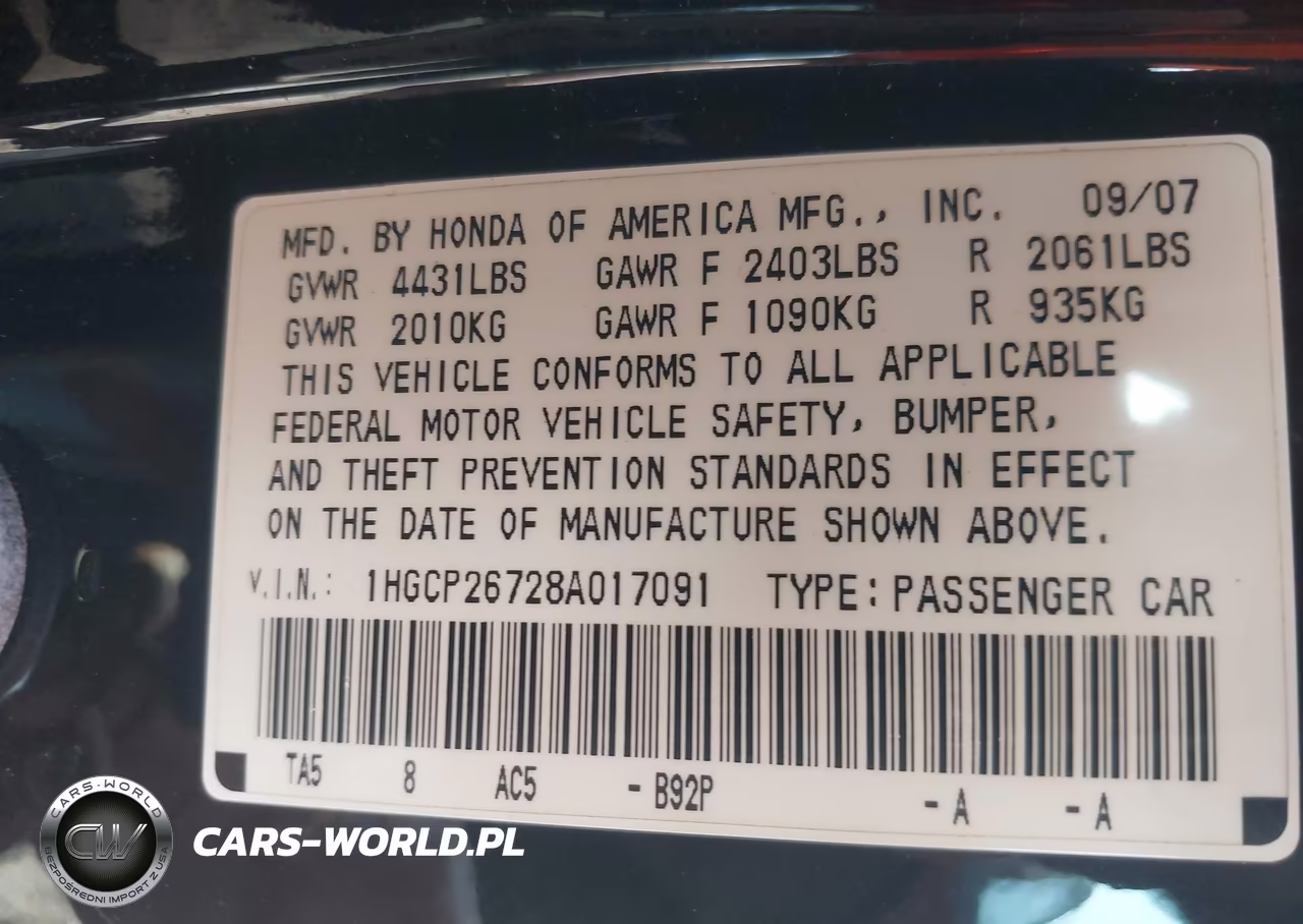2008 Honda Accord 2.4 Ex VIN:1HGCP26728A017091 - 9