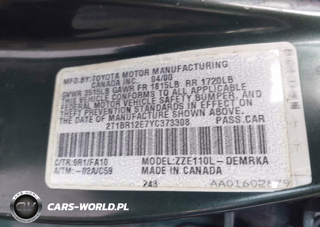 2000 Toyota Corolla Ve VIN:2T1BR12E7YC373308 - 9