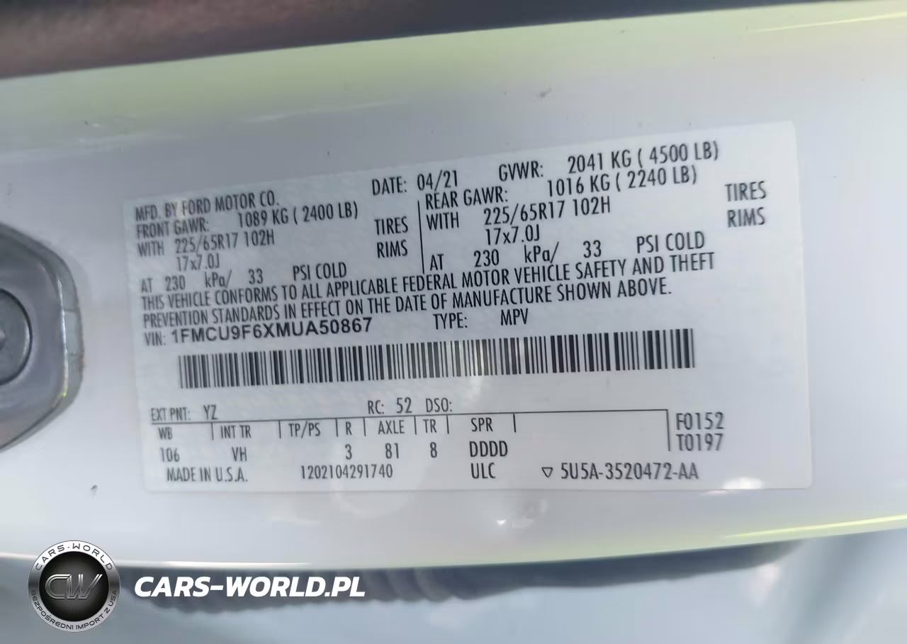 2021 Ford Escape S VIN:1FMCU9F6XMUA50867 - 9