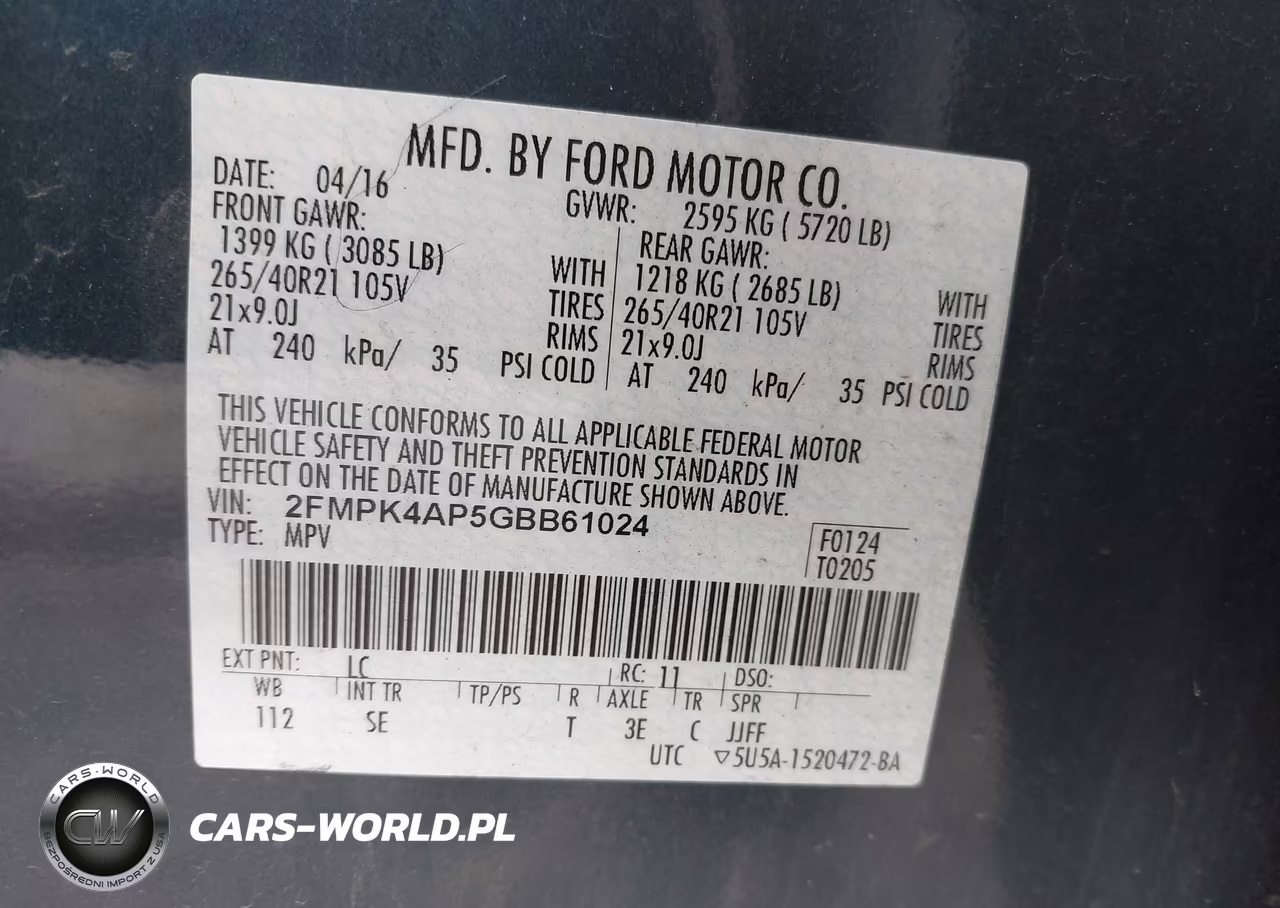 2016 Ford Edge Sport VIN:2FMPK4AP5GBB61024 - 9