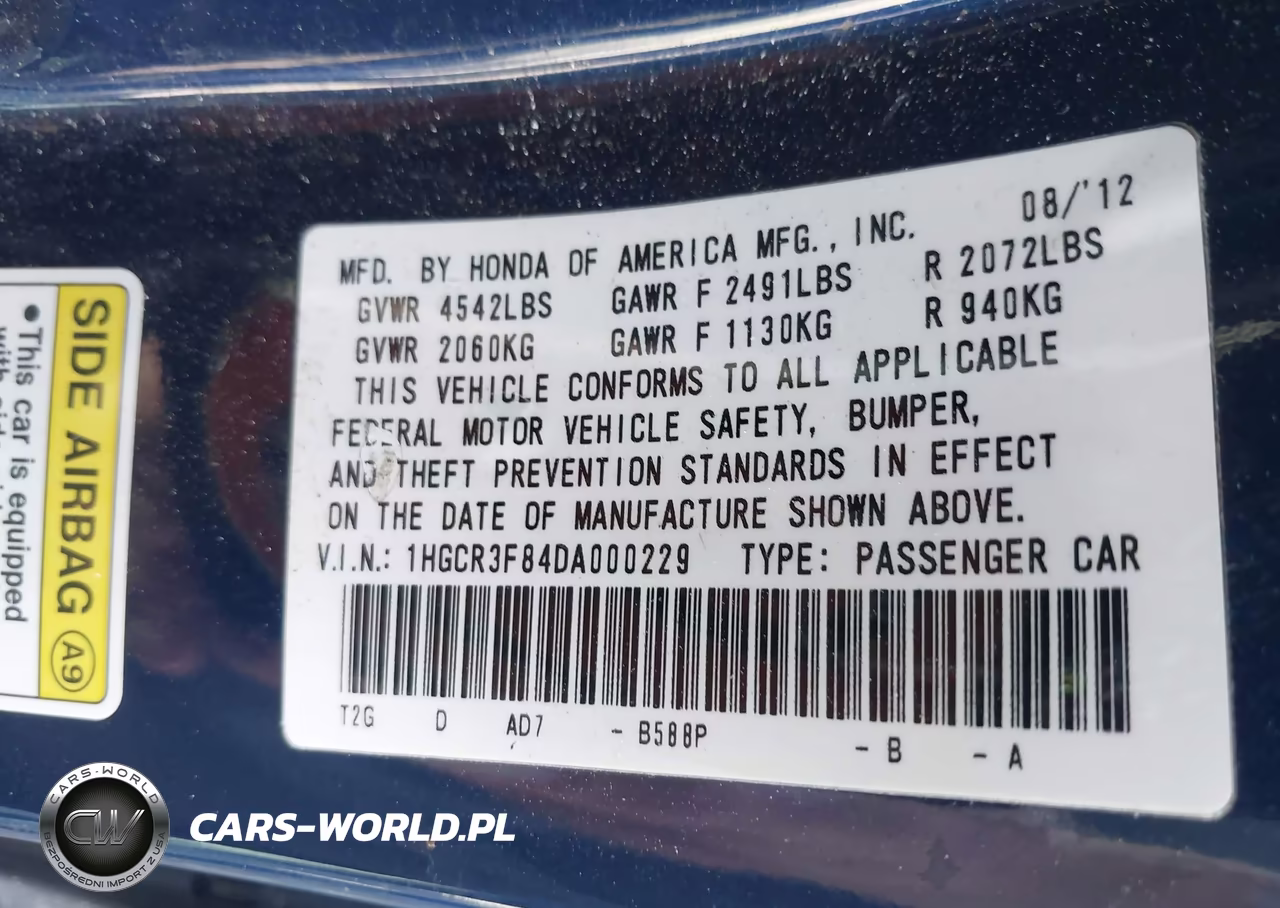 2013 Honda Accord Exl VIN:1HGCR3F84DA000229 - 9