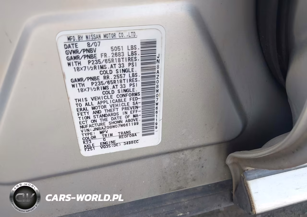 2007 Nissan Murano Sl VIN:JN8AZ08W07W661199 - 9