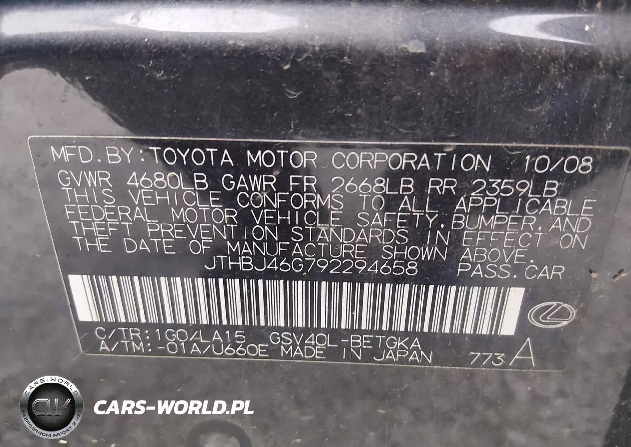 2009 Lexus Es 350 VIN:JTHBJ46G792294658 - 9