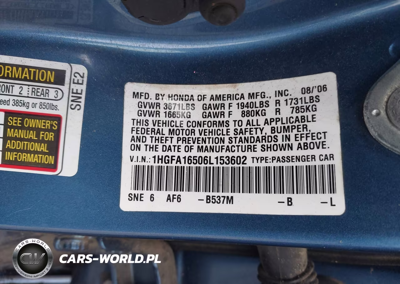 2006 Honda Civic Lx VIN:1HGFA16506L153602 - 9
