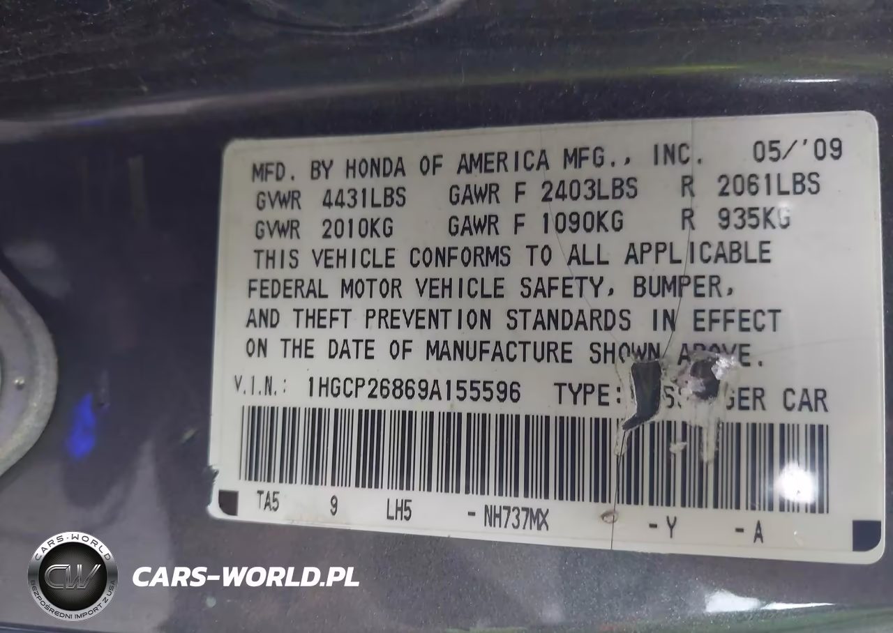 2009 Honda Accord 2.4 Ex-L VIN:1HGCP26869A155596 - 9