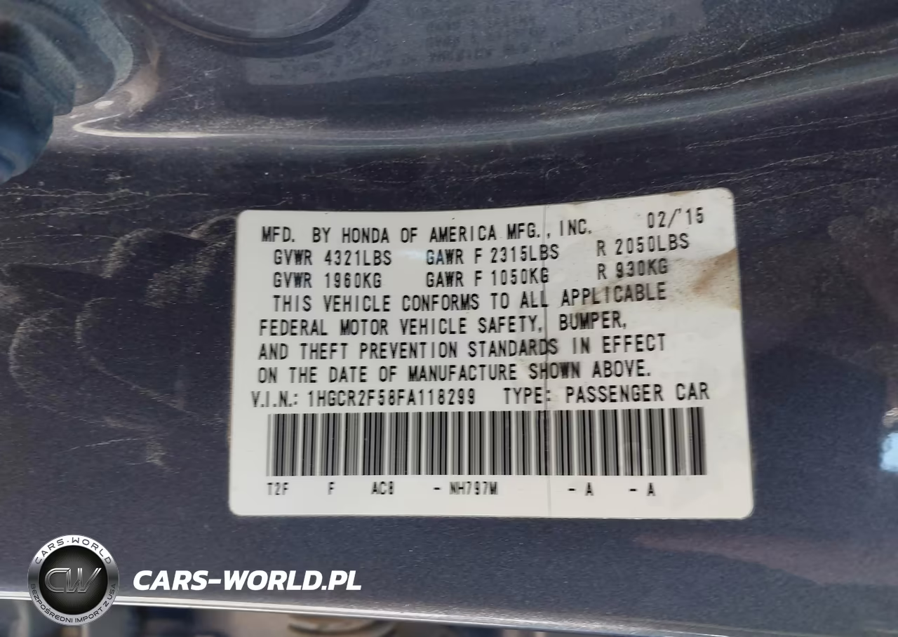 2015 Honda Accord Sport VIN:1HGCR2F58FA118299 - 9