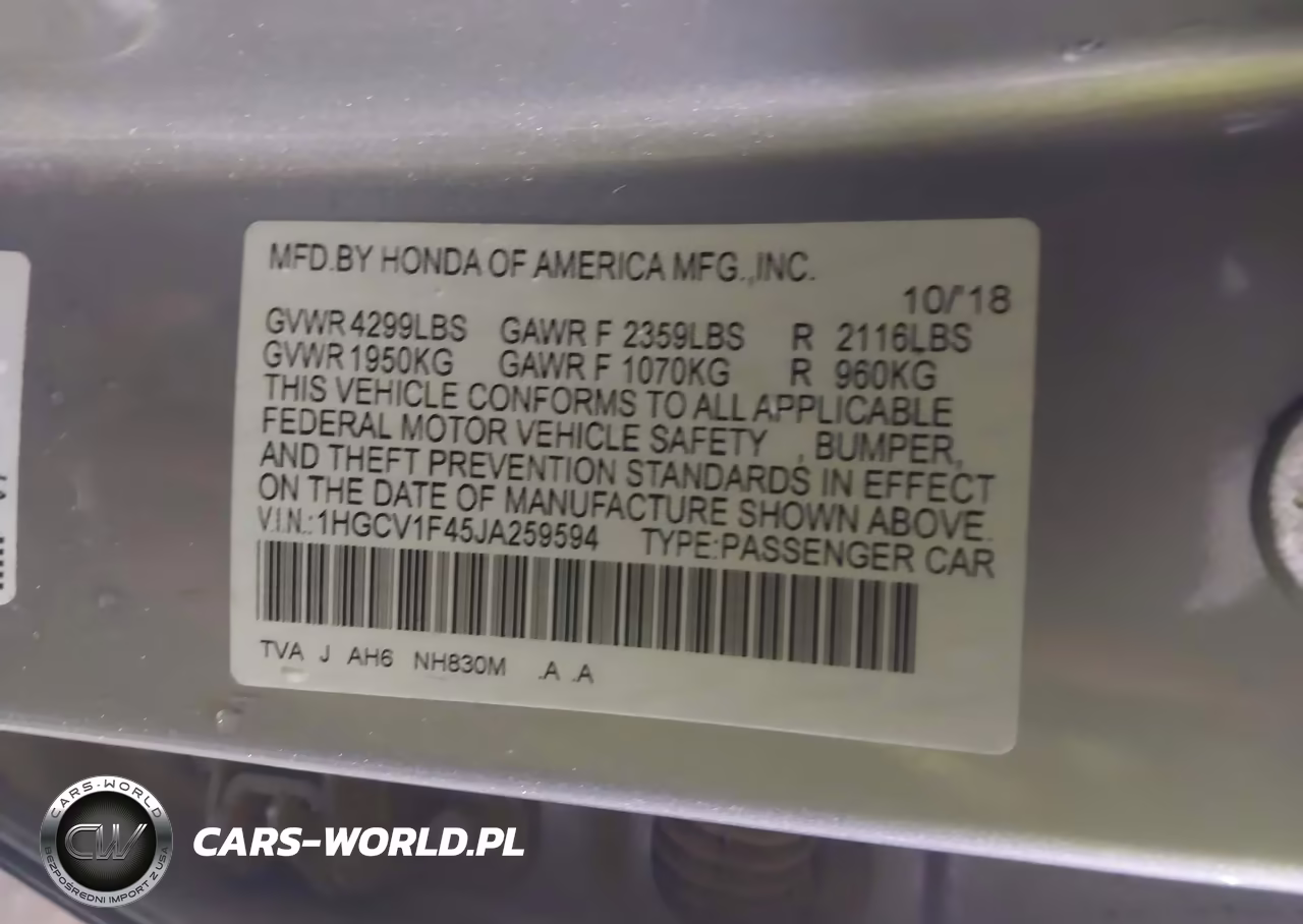 2018 Honda Accord Ex VIN:1HGCV1F45JA259594 - 9