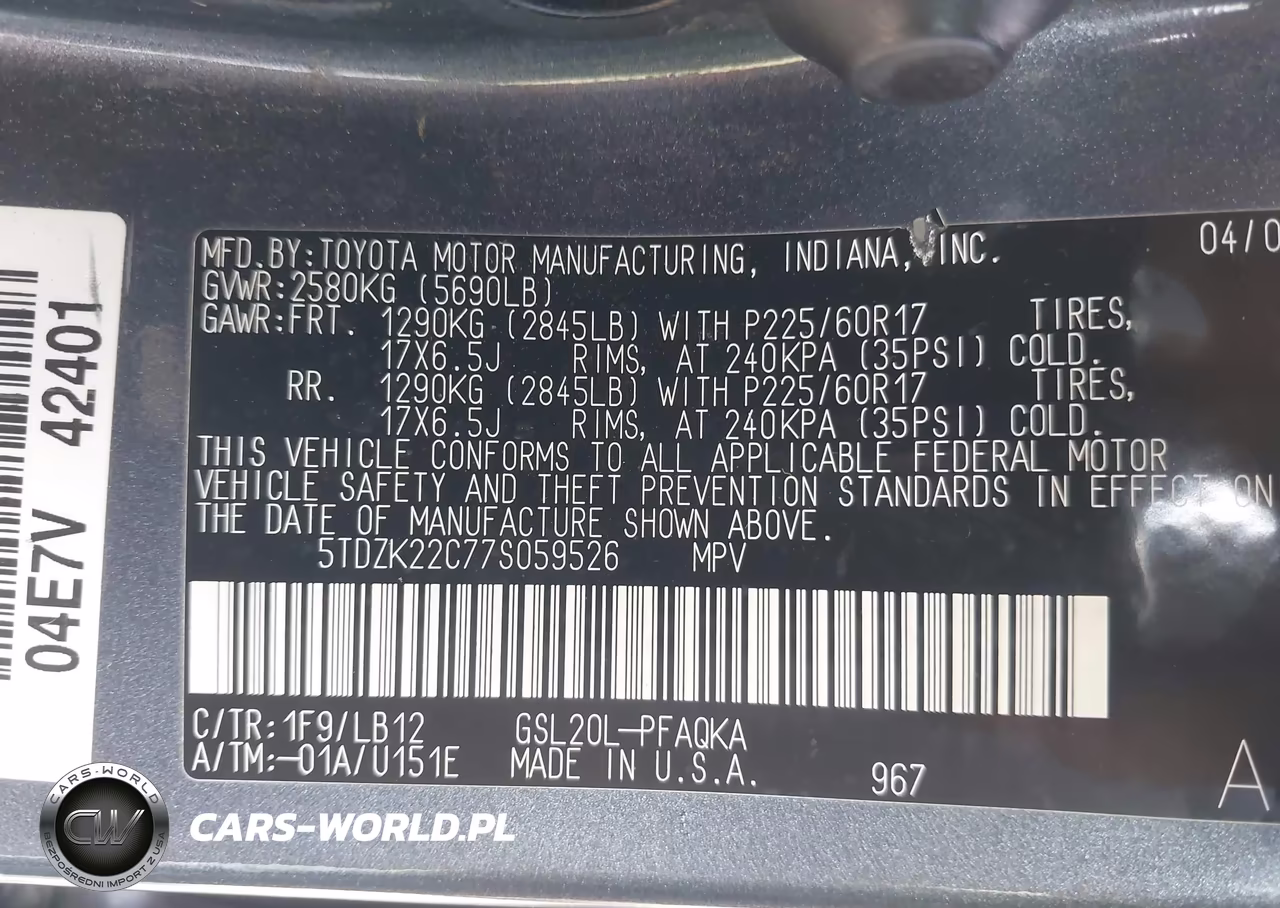 2007 Toyota Sienna Xle VIN:5TDZK22C77S059526 - 9