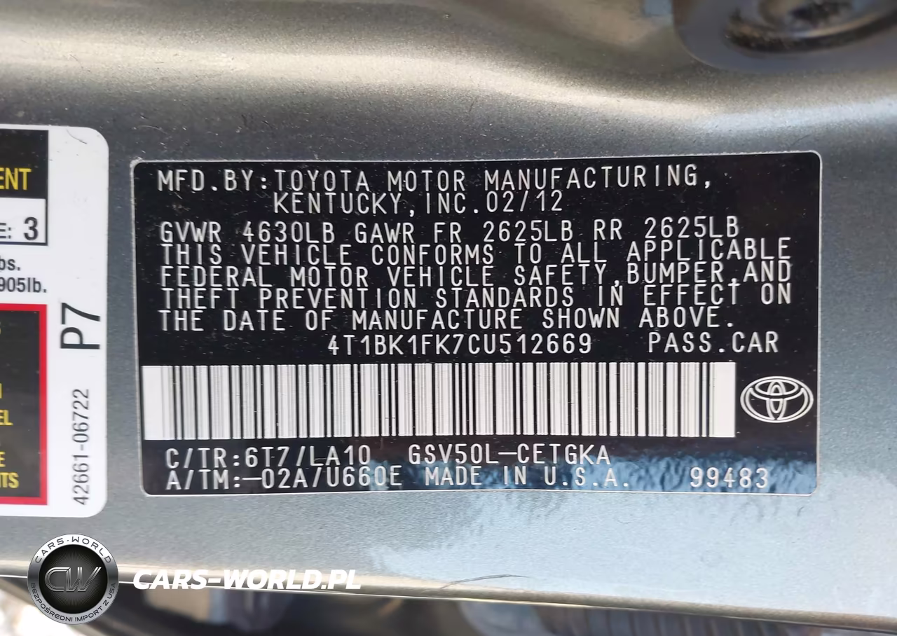 2012 Toyota Camry Xle V6 VIN:4T1BK1FK7CU512669 - 9