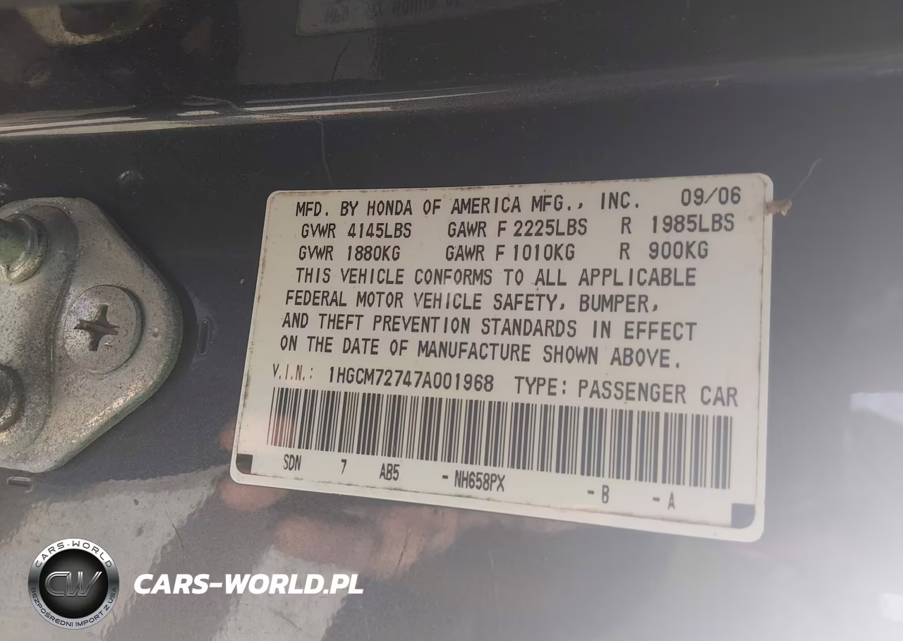 2007 Honda Accord 2.4 Ex VIN:1HGCM72747A001968 - 9