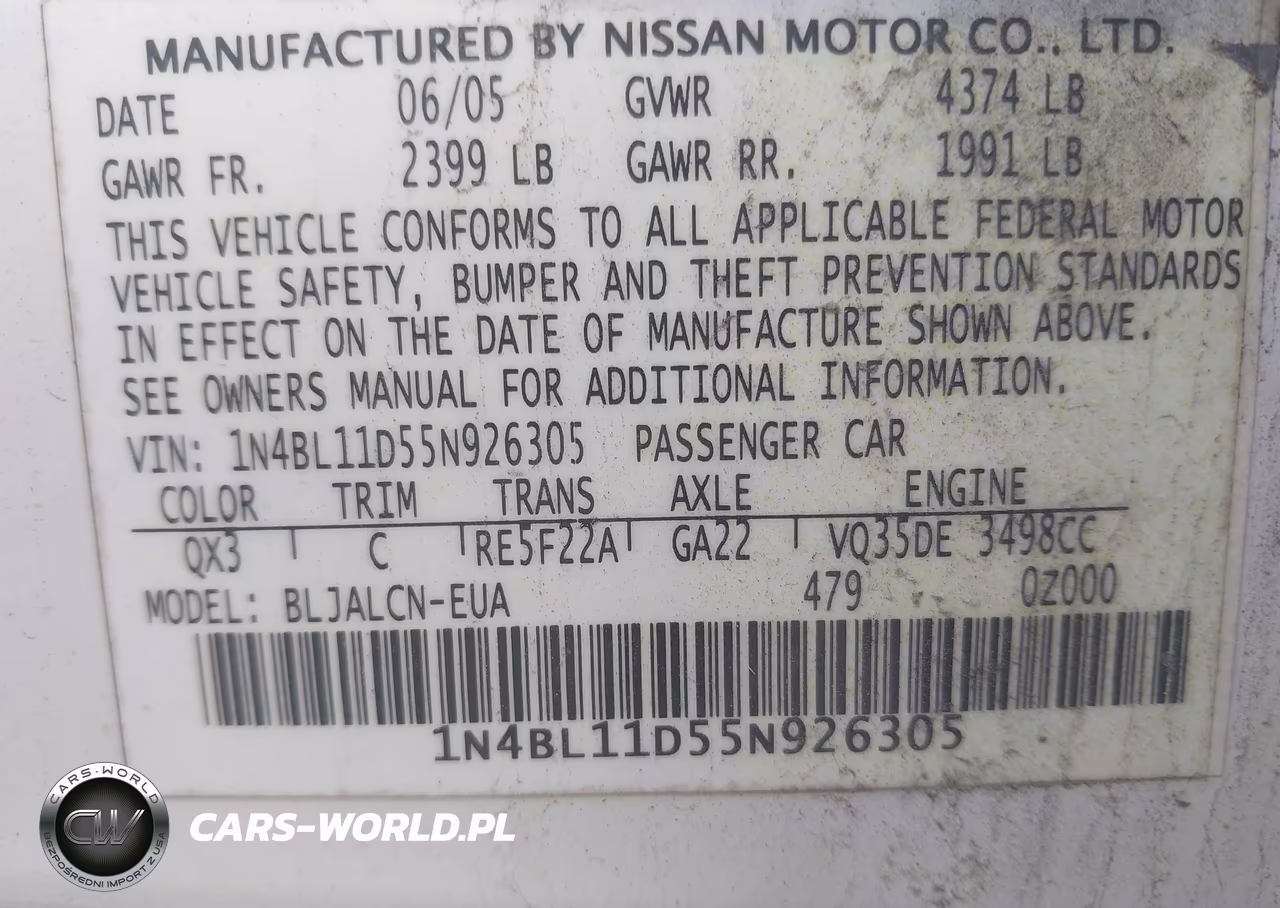 2005 Nissan Altima 3.5 Se VIN:1N4BL11D55N926305 - 9