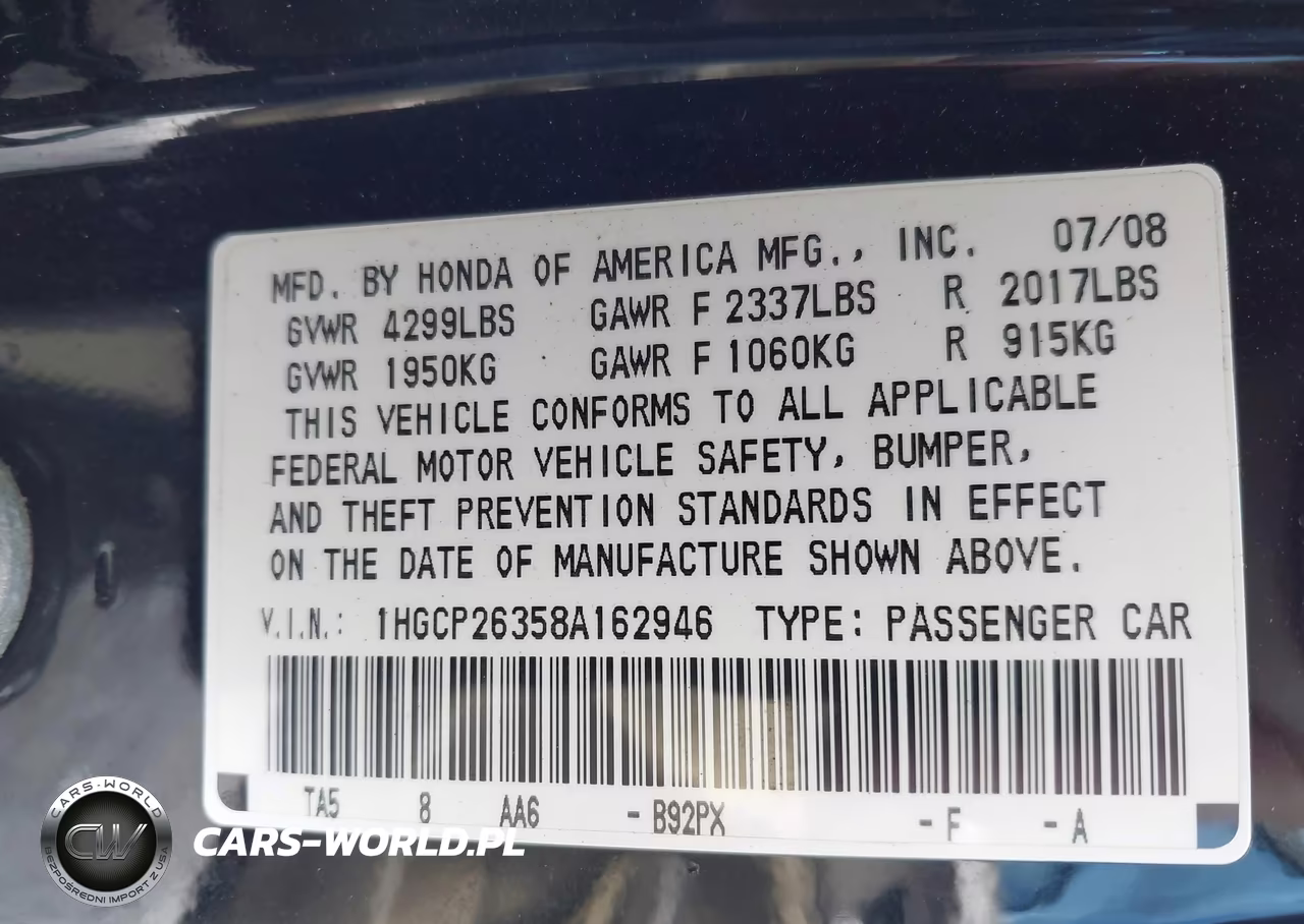 2008 Honda Accord 2.4 Lx VIN:1HGCP26358A162946 - 9