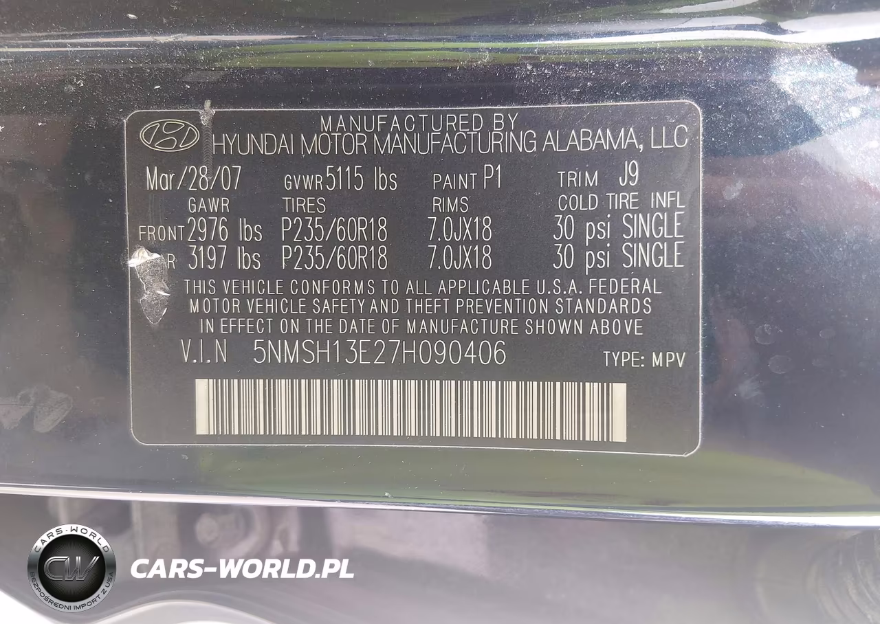 2007 Hyundai Santa Fe Limited-Se VIN:5NMSH13E27H090406 - 9