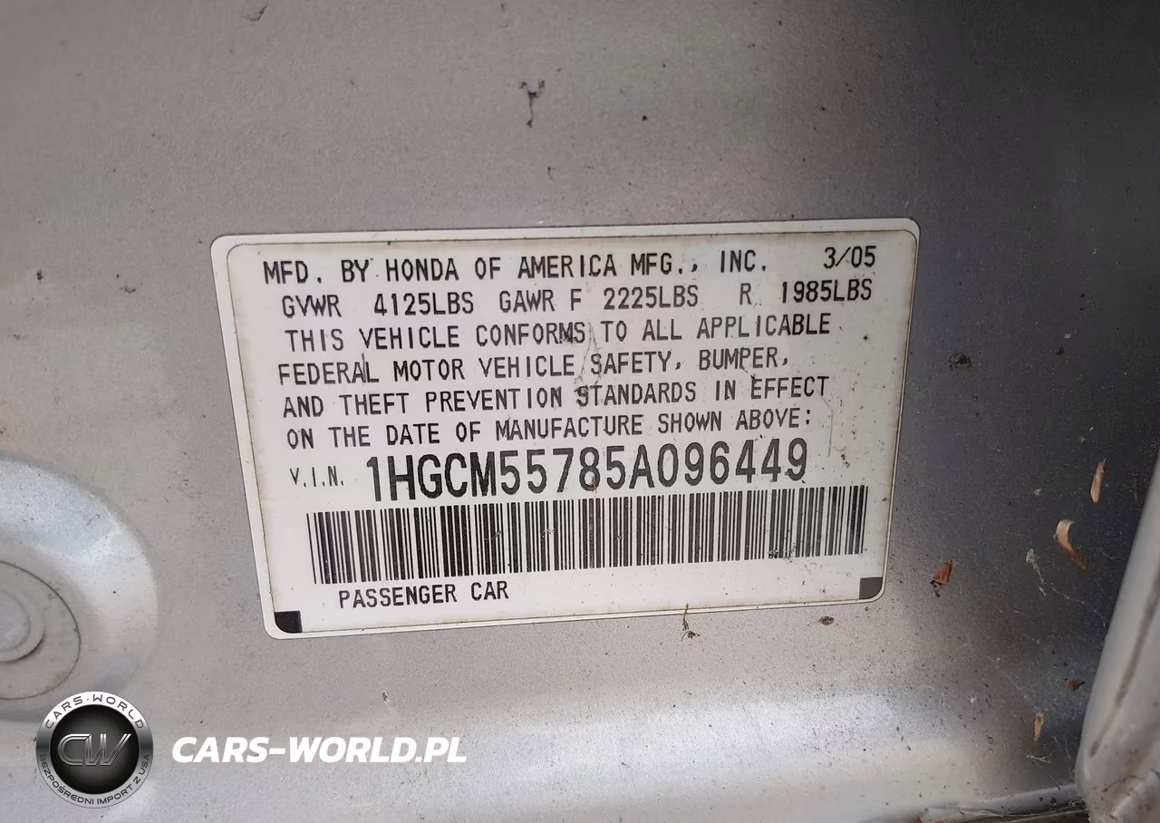 2005 Honda Accord 2.4 Ex VIN:1HGCM55785A096449 - 9