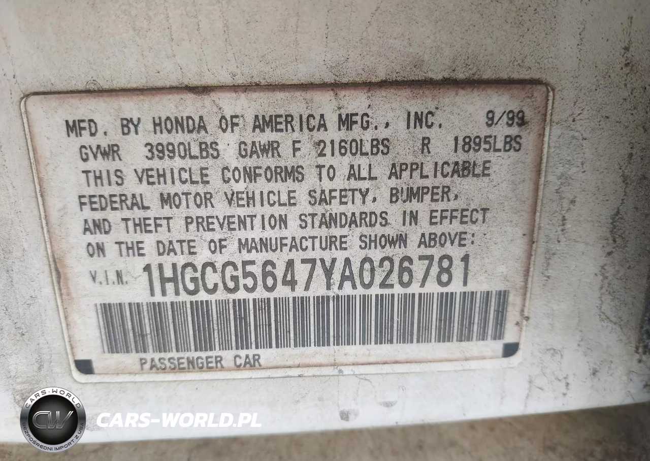 2000 Honda Accord 2.3 Lx VIN:1HGCG5647YA026781 - 9