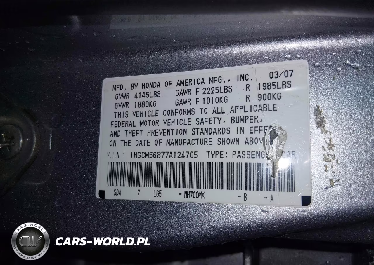 2007 Honda Accord 2.4 Ex VIN:1HGCM56877A124705 - 9