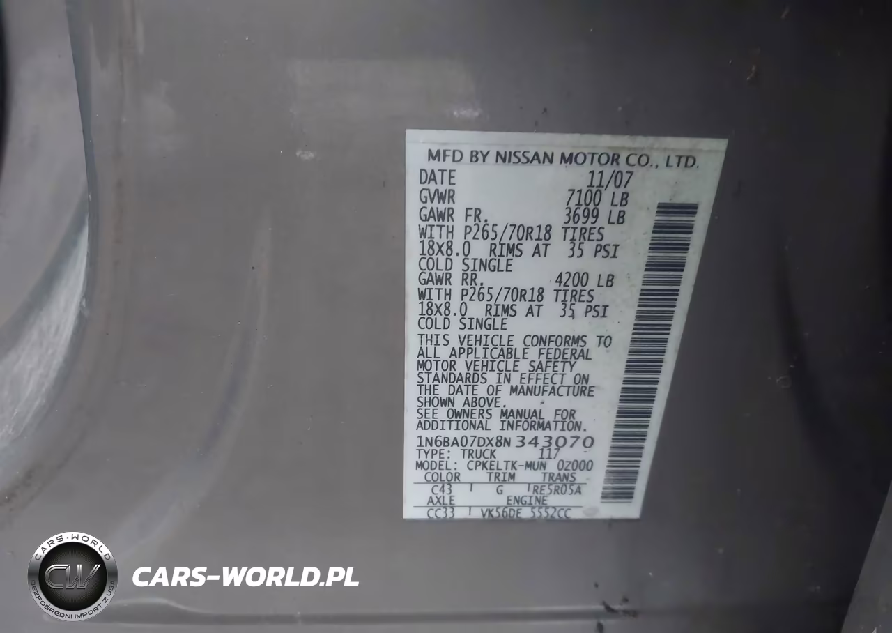 2008 Nissan Titan Se VIN:1N6BA07DX8N343070 - 9