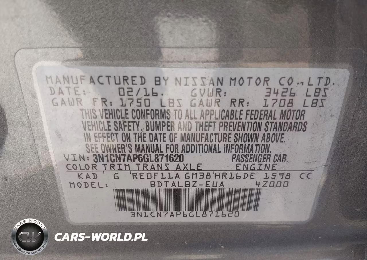 2016 Nissan Versa 1.6 S-1.6 S+-1.6 Sl-1.6 Sv VIN:3N1CN7AP6GL871620 - 9