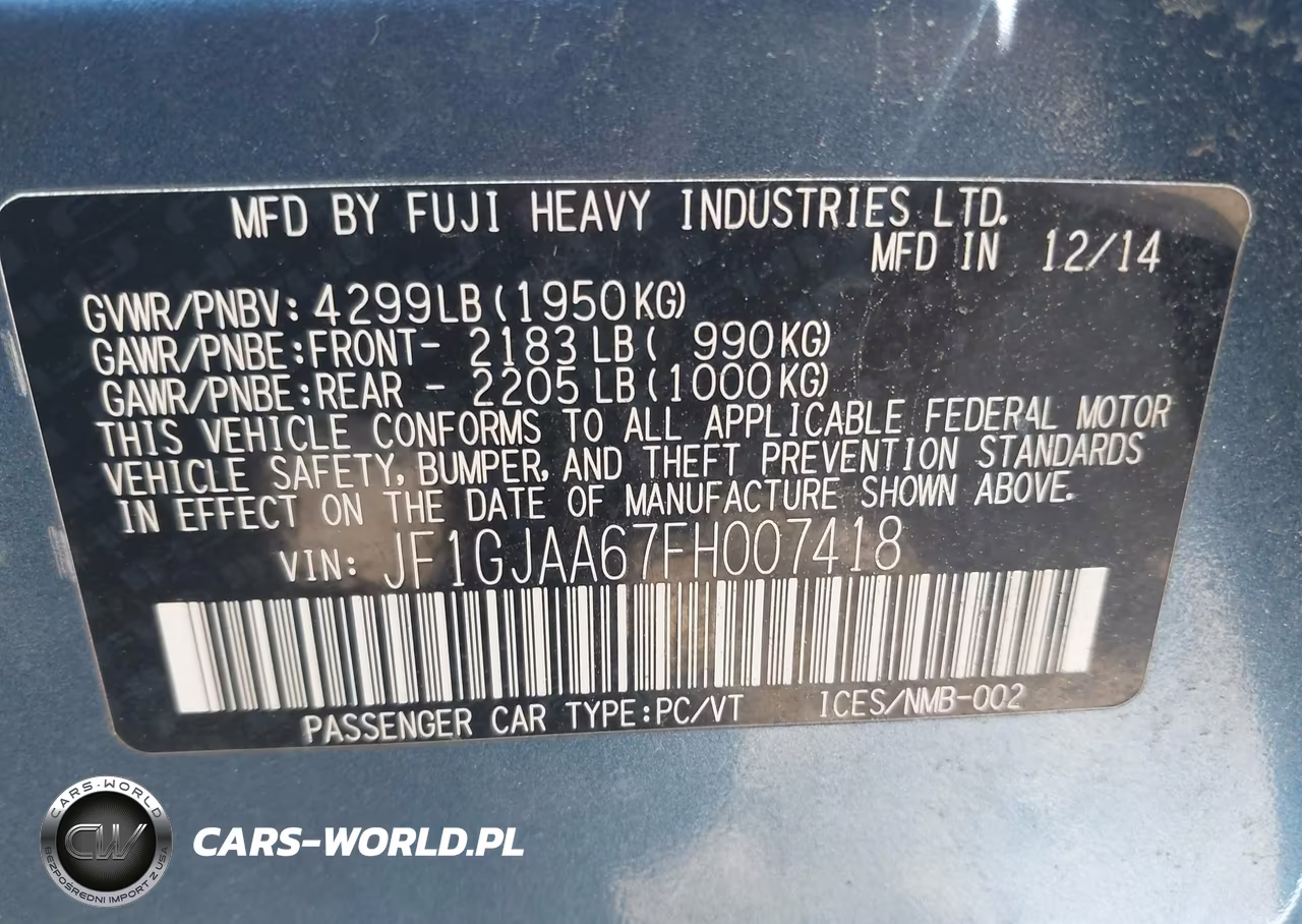 2015 Subaru Impreza 2.0I VIN:JF1GJAA67FH007418 - 9