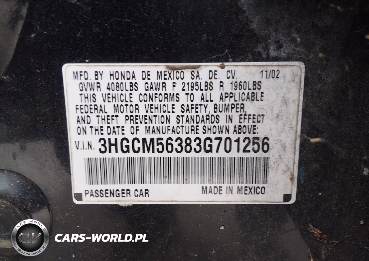 2003 Honda Accord 2.4 Lx VIN:3HGCM56383G701256 - 9