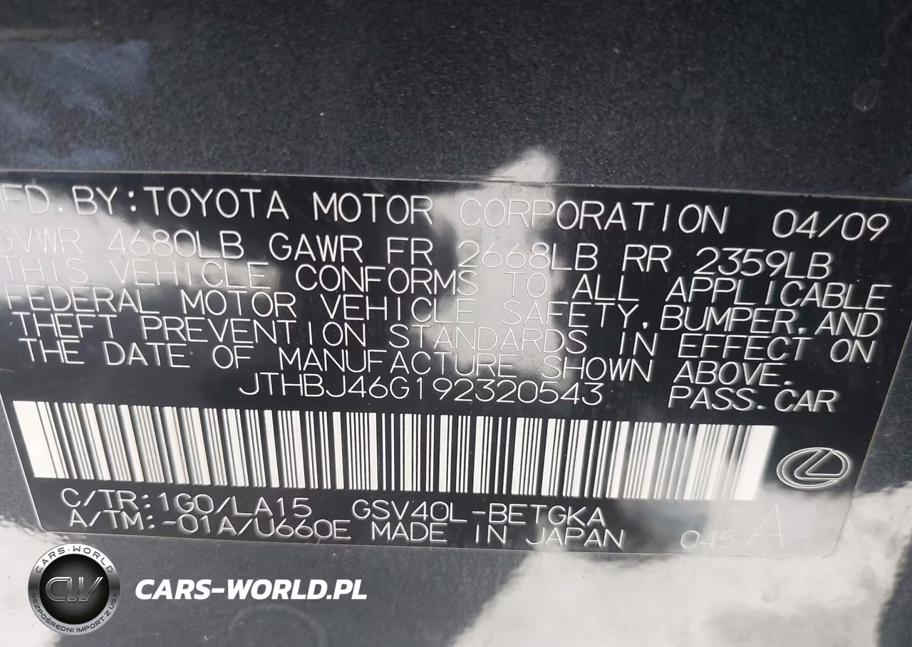 2009 Lexus Es 350 VIN:JTHBJ46G192320543 - 9