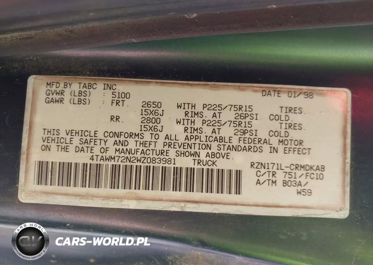 1998 Toyota Tacoma VIN:4TAWM72N2WZ083981 - 9