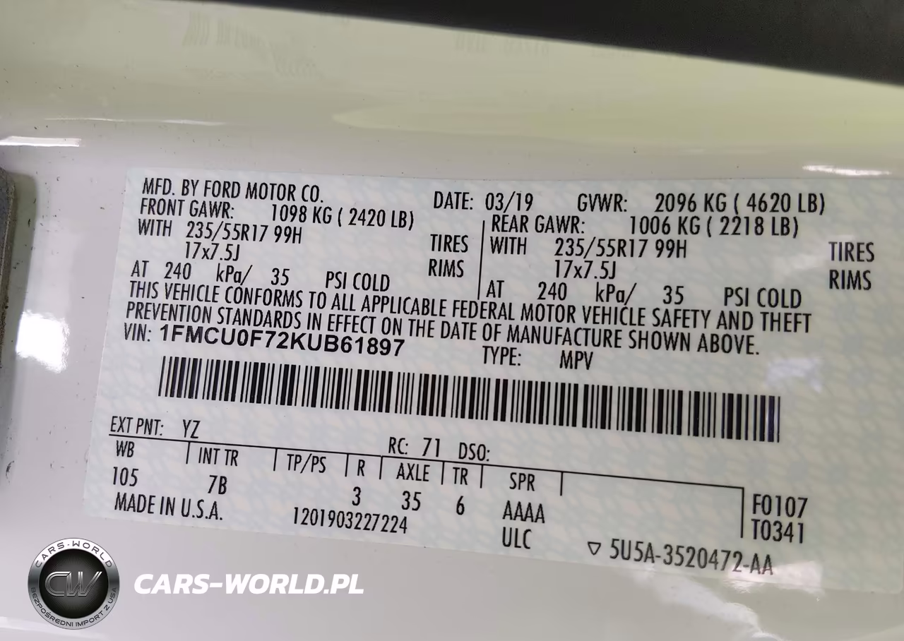 2019 Ford Escape S VIN:1FMCU0F72KUB61897 - 9