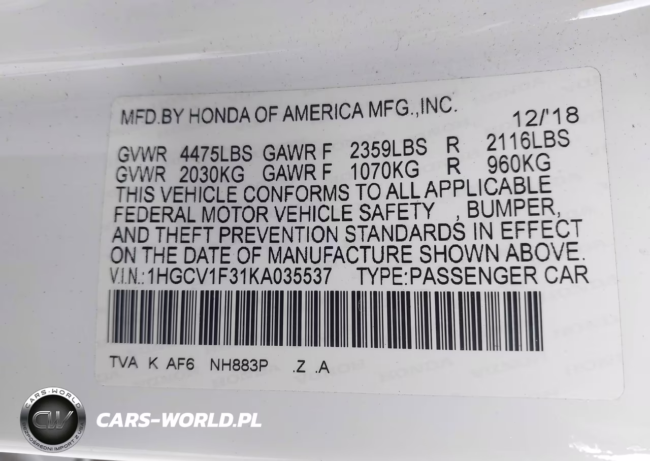 2019 Honda Accord Sport VIN:1HGCV1F31KA035537 - 9
