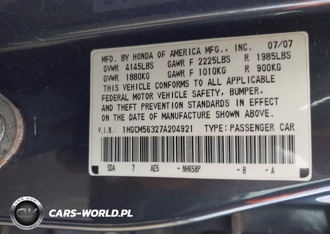 2007 Honda Accord 2.4 Se VIN:1HGCM56327A204921 - 9
