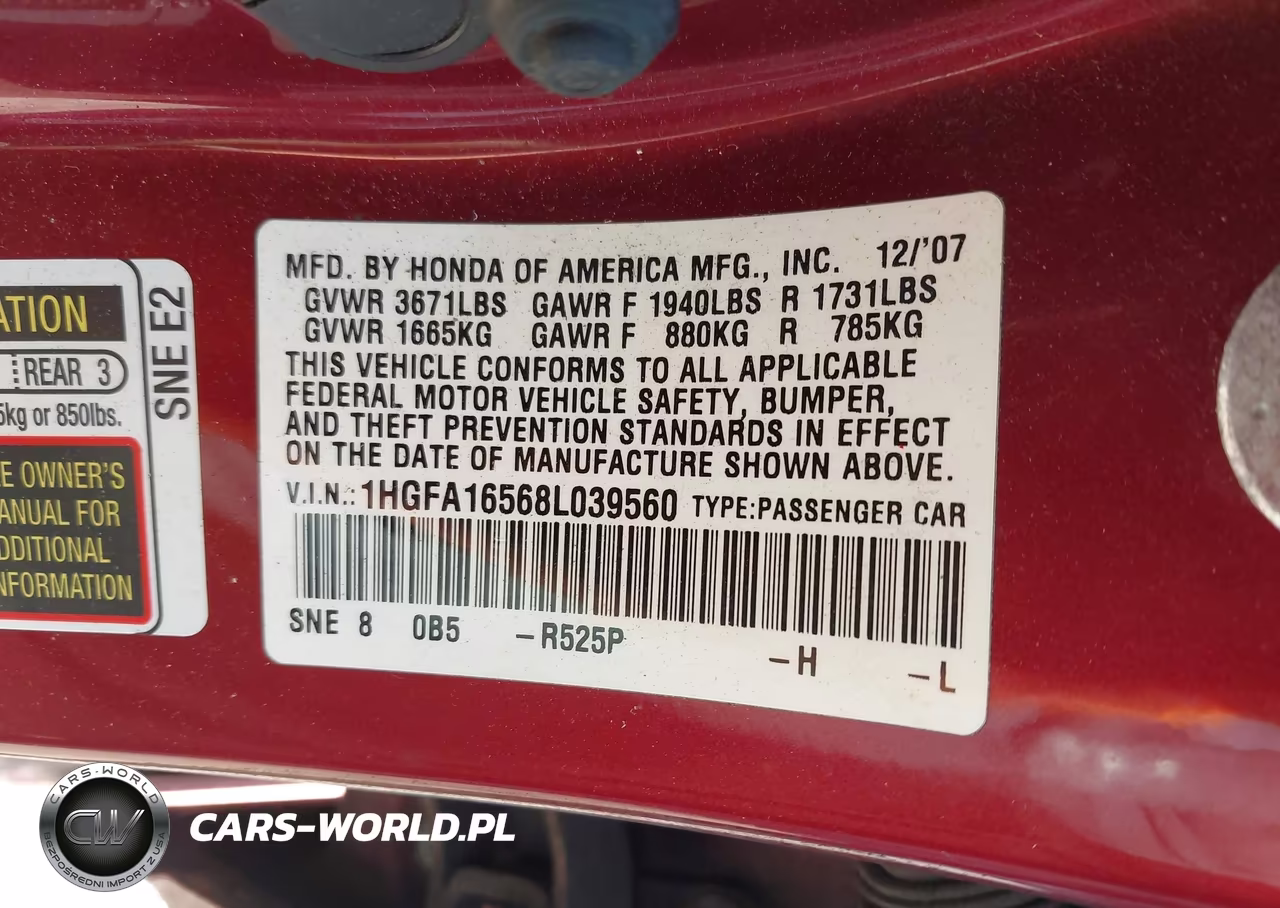 2008 Honda Civic Lx VIN:1HGFA16568L039560 - 9