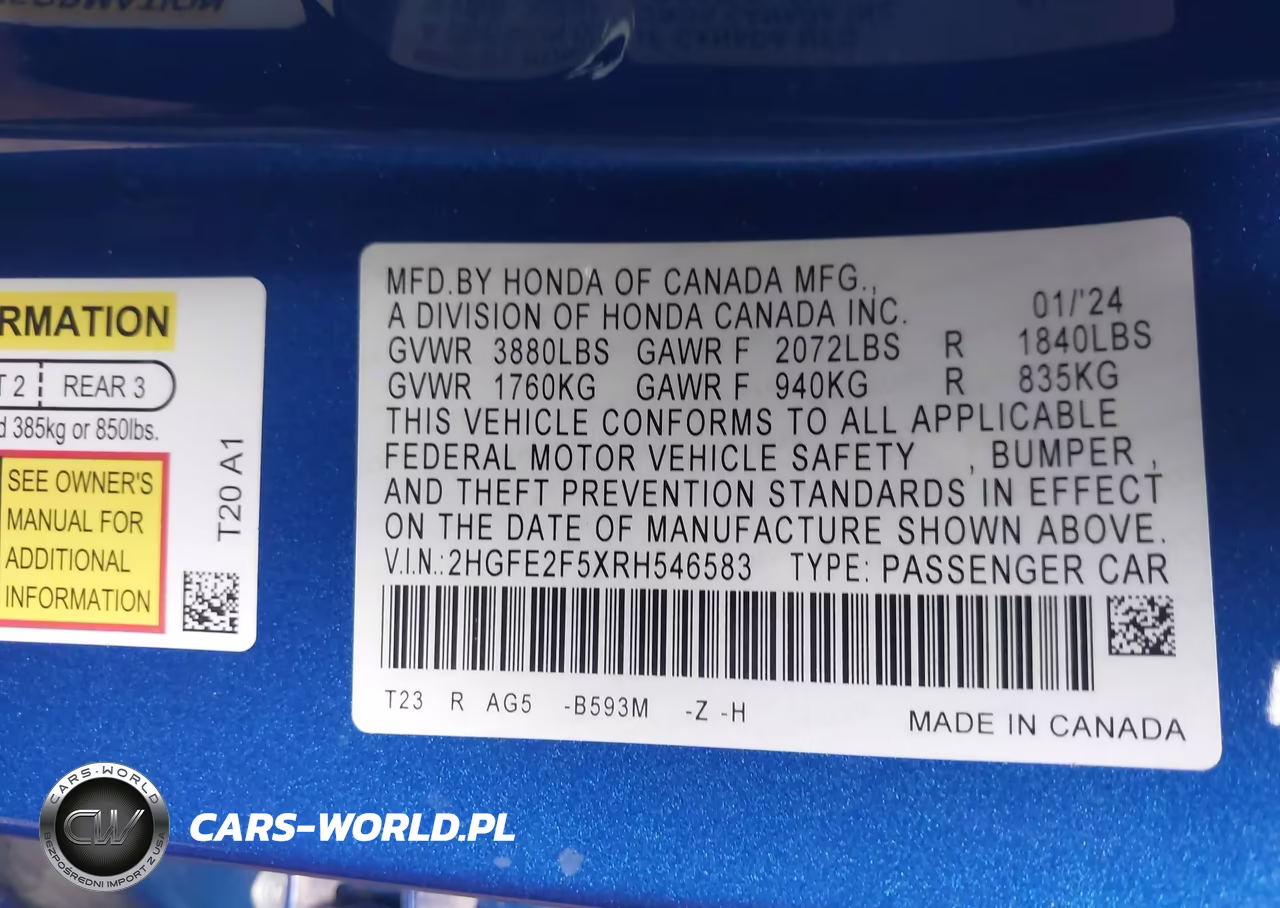 2024 Honda Civic Sport VIN:2HGFE2F5XRH546583 - 9