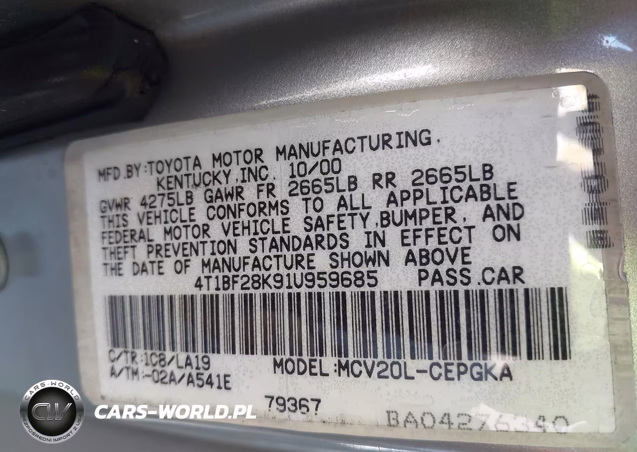 2001 Toyota Camry Xle V6 VIN:4T1BF28K91U959685 - 9