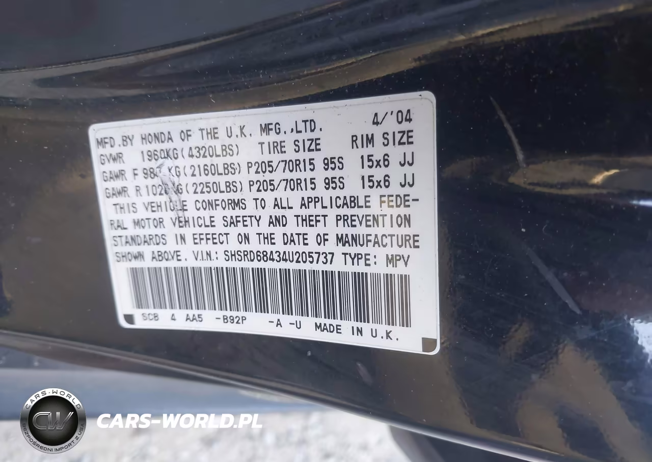 2004 Honda Cr-V Lx VIN:SHSRD68434U205737 - 9