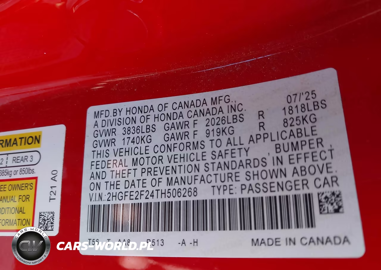2026 Honda Civic Lx VIN:2HGFE2F24TH506268 - 9