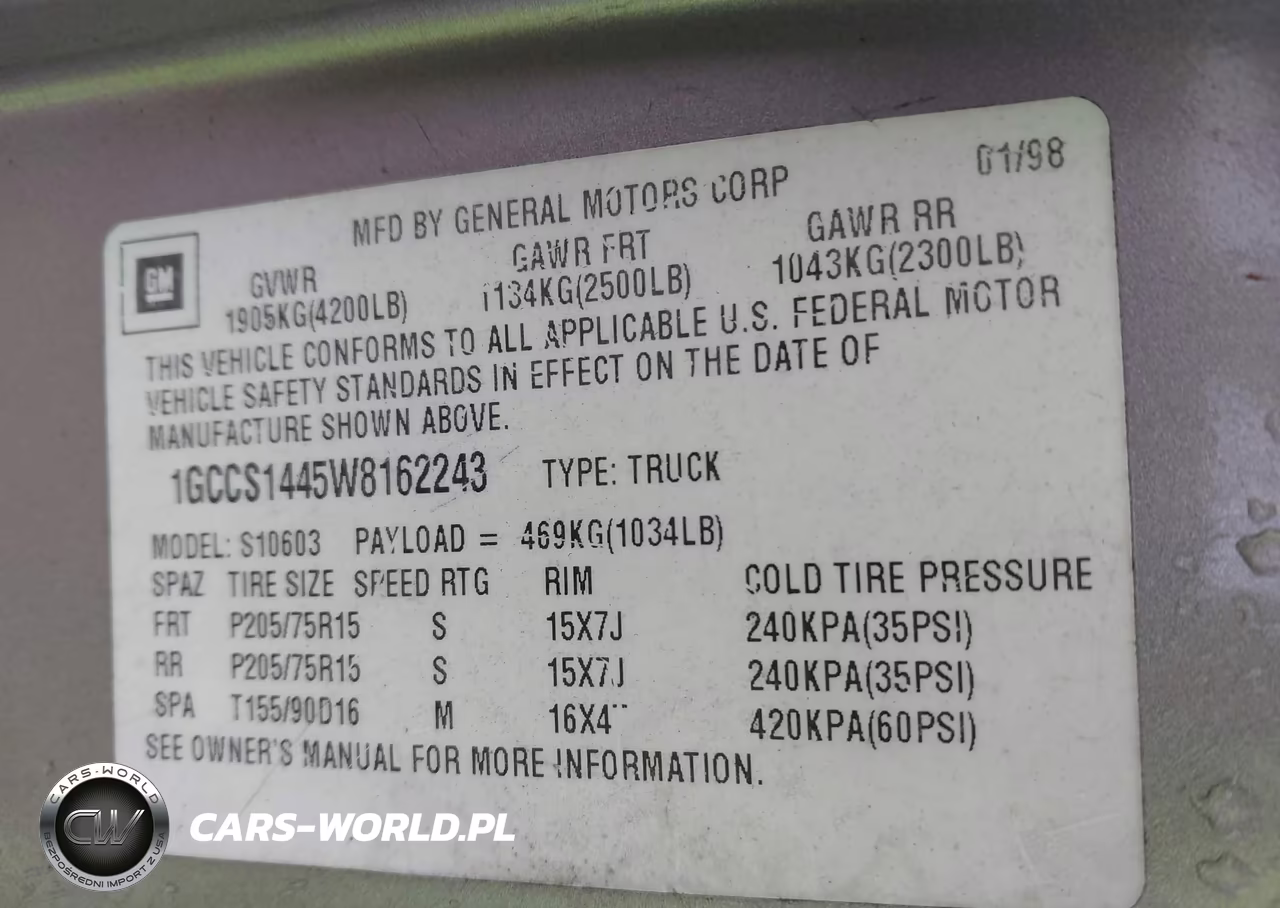 1998 Chevrolet S-10 Ls Sportside VIN:1GCCS1445W8162243 - 9