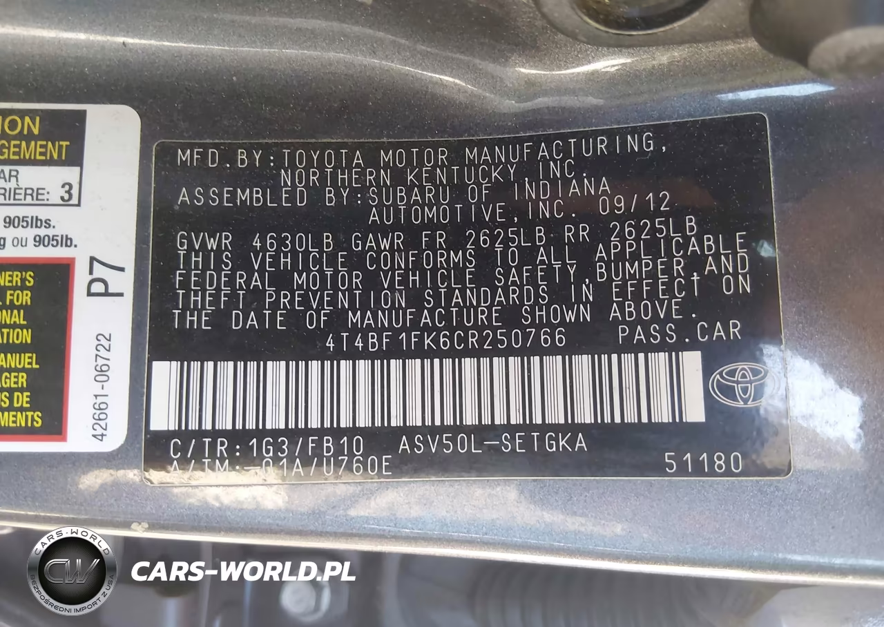 2012 Toyota Camry Xle VIN:4T4BF1FK6CR250766 - 9