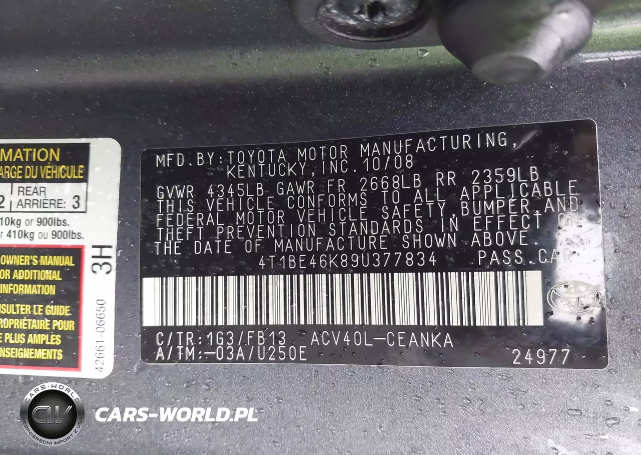 2009 Toyota Camry Le VIN:4T1BE46K89U377834 - 9