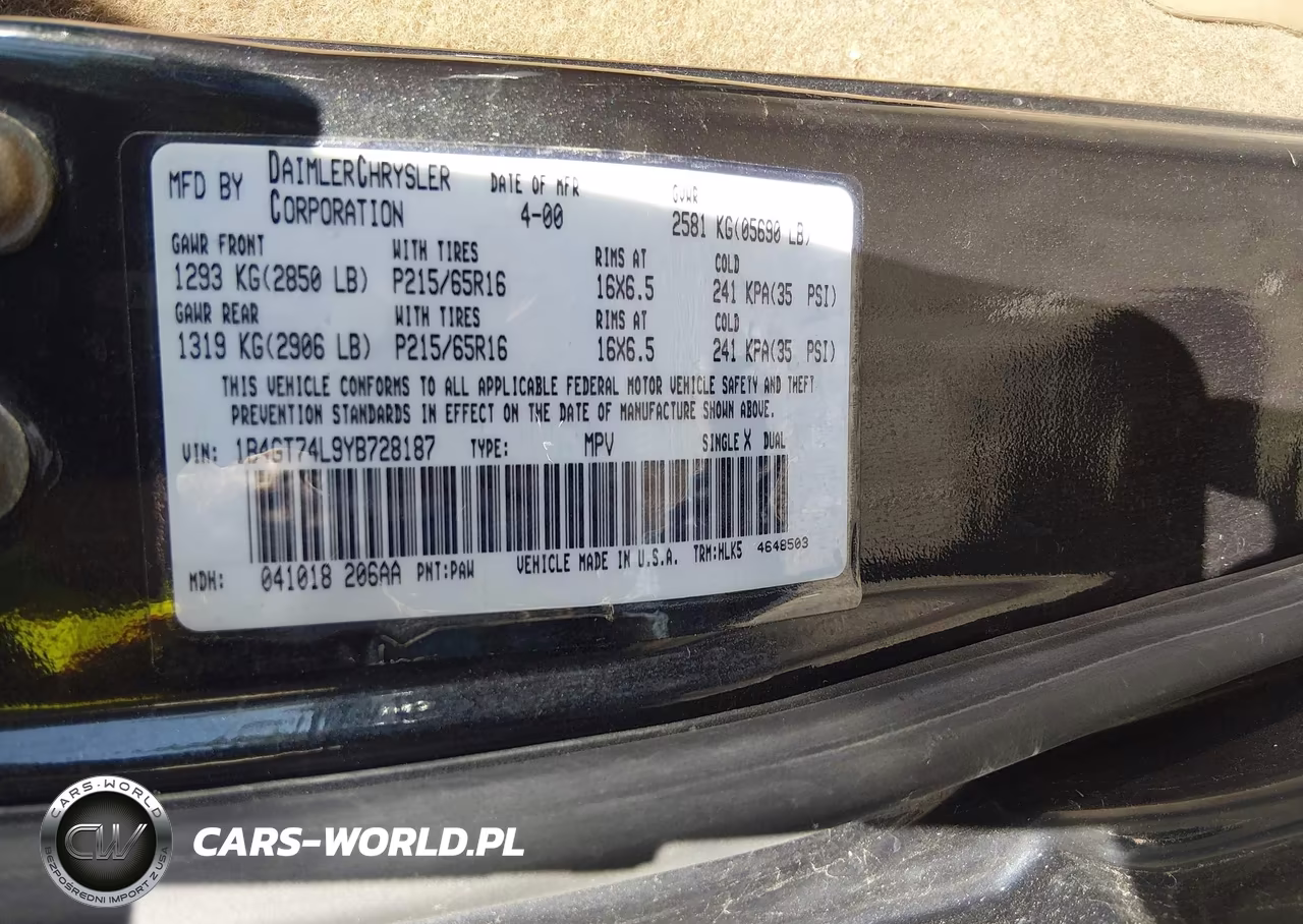 2000 Dodge Grand Caravan Es VIN:1B4GT74L9YB728187 - 9