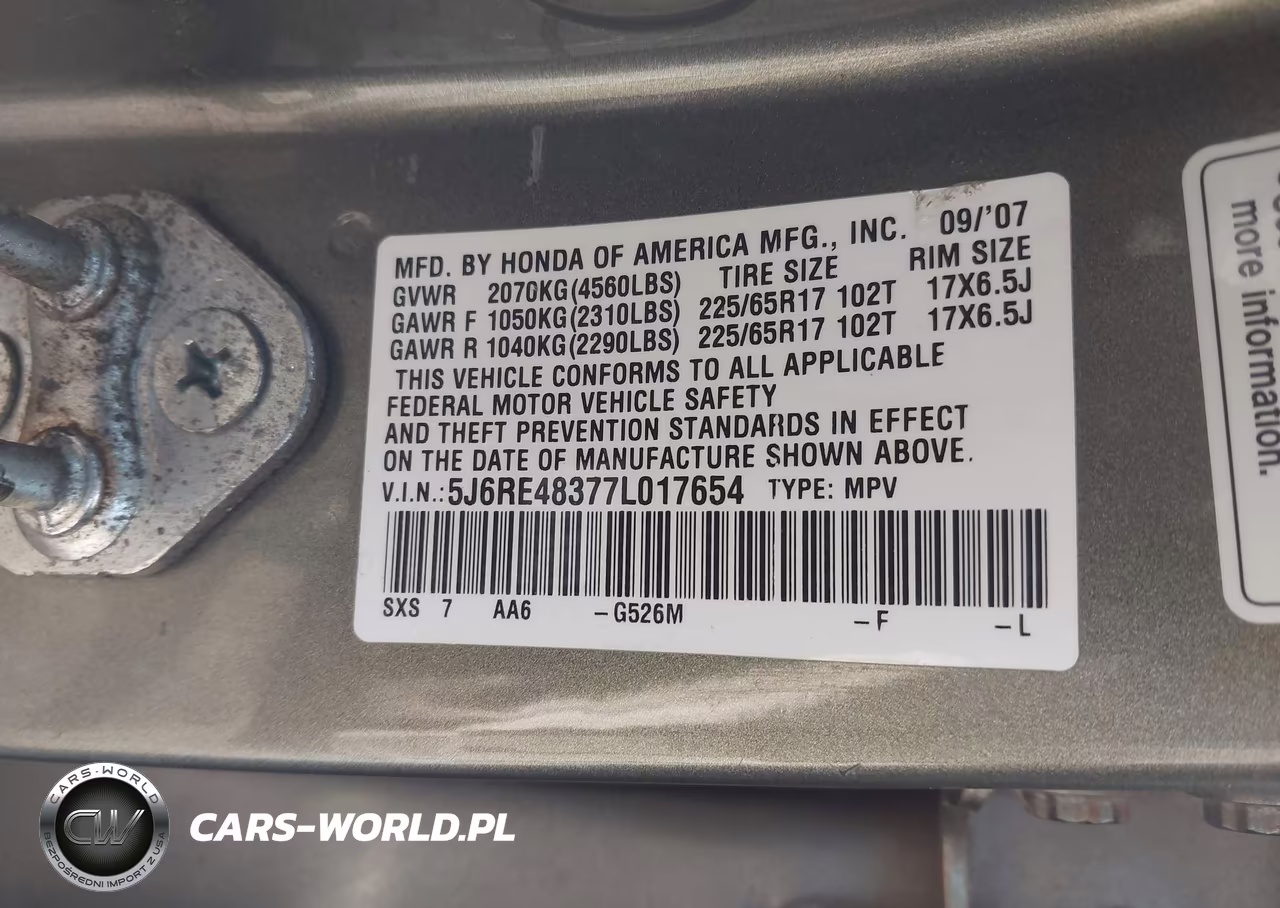 2007 Honda Cr-V Lx VIN:5J6RE48377L017654 - 9