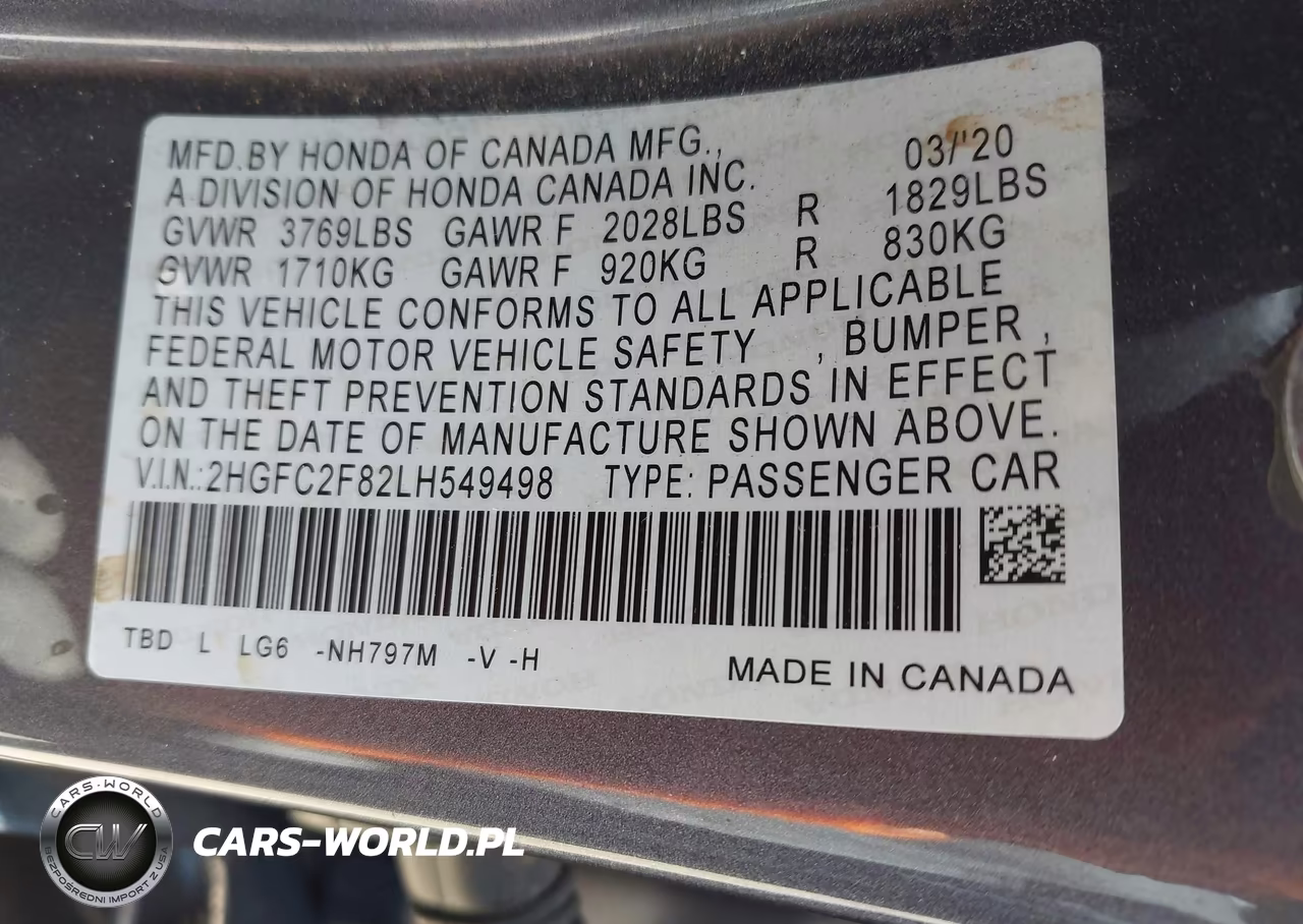 2020 Honda Civic Sport VIN:2HGFC2F82LH549498 - 9