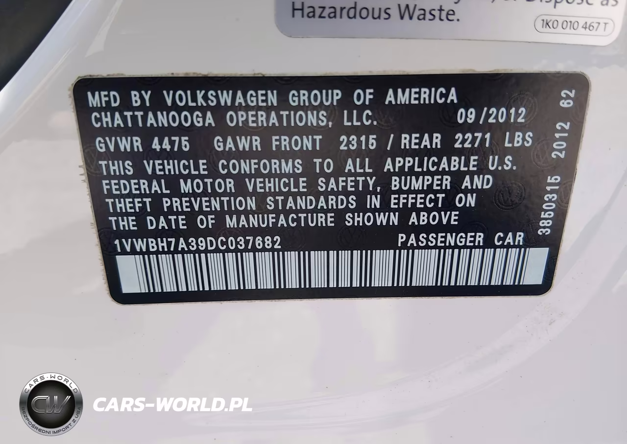 2013 Volkswagen Passat 2.5L Se VIN:1VWBH7A39DC037682 - 9