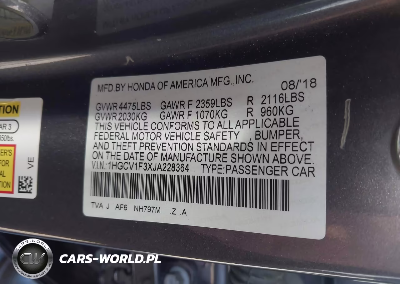 2018 Honda Accord Sport VIN:1HGCV1F3XJA228364 - 9