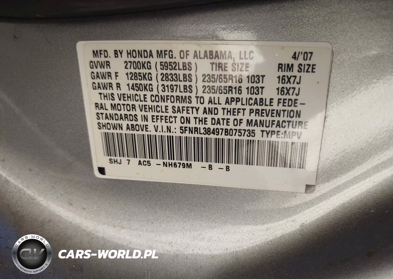 2007 Honda Odyssey Ex VIN:5FNRL38497B075735 - 9